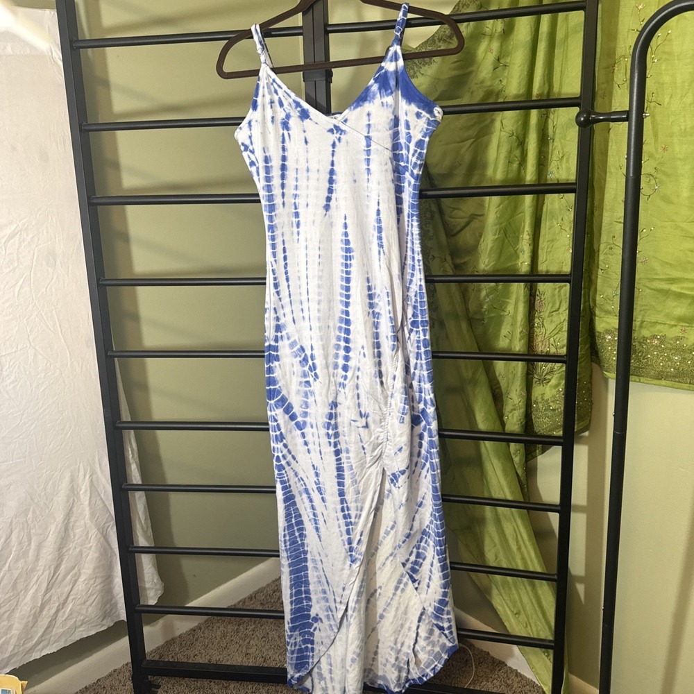 Tie Dye Maxi Dress Coverup Blue White V-Neck Slit Adjustable Straps‎ Mediu